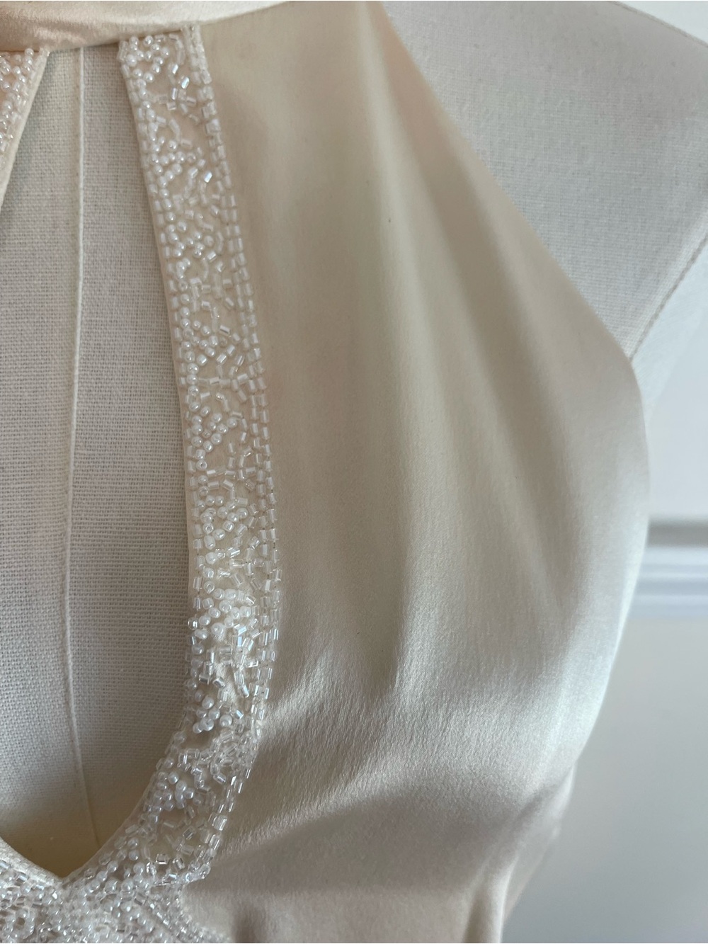 BCBGMaxAzria Luxurious 100% Silk Ivory Satin Halter Camisole with Beaded Trim